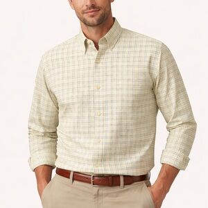Robert Talbott XL Cream Green Blue Check Button Down Shirt Cotton Top